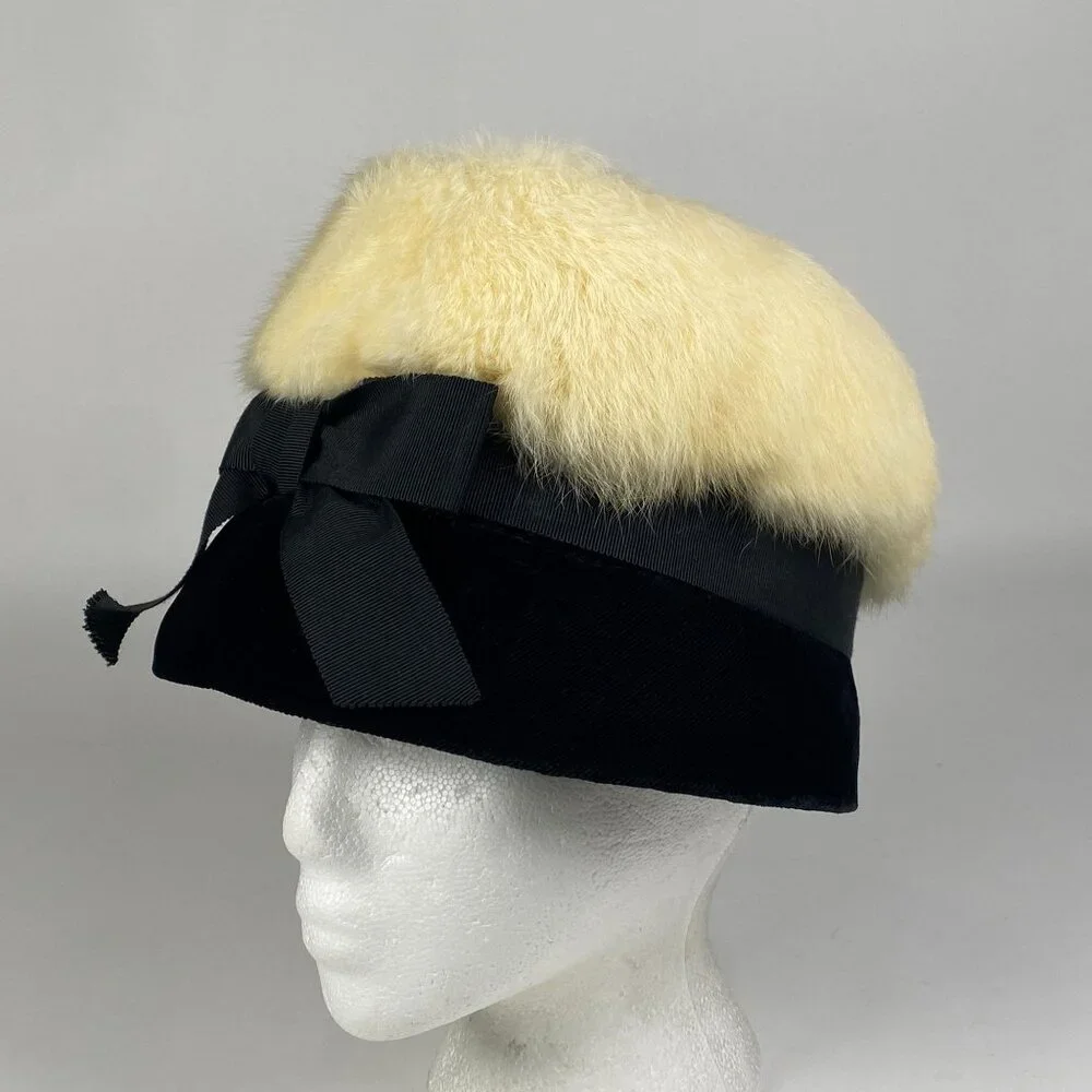 Vintage Genuine Rabbit Fur Black Velvet Cloche Hat Black Ribbon Accent